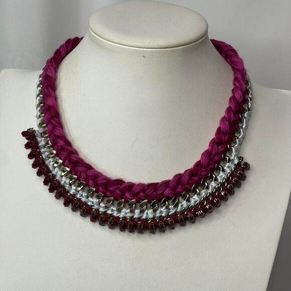 LOFT Ann Taylor statement necklace bohemian boho raspberry pink gray gold tone - Picture 1 of 15